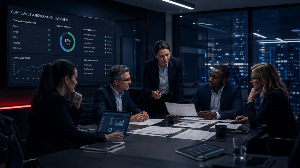 Executives reviewing AI governance policy and compliance documentation