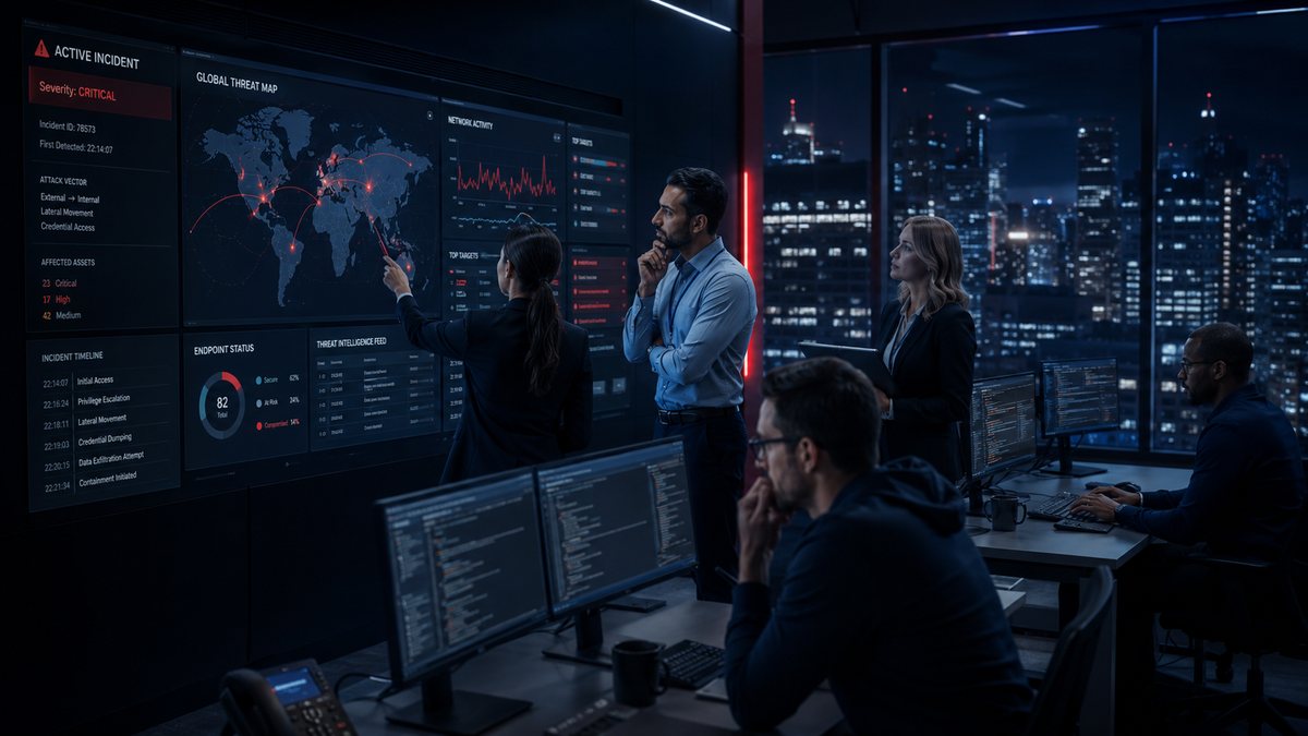 Cybersecurity incident response team coordinating during an active incident