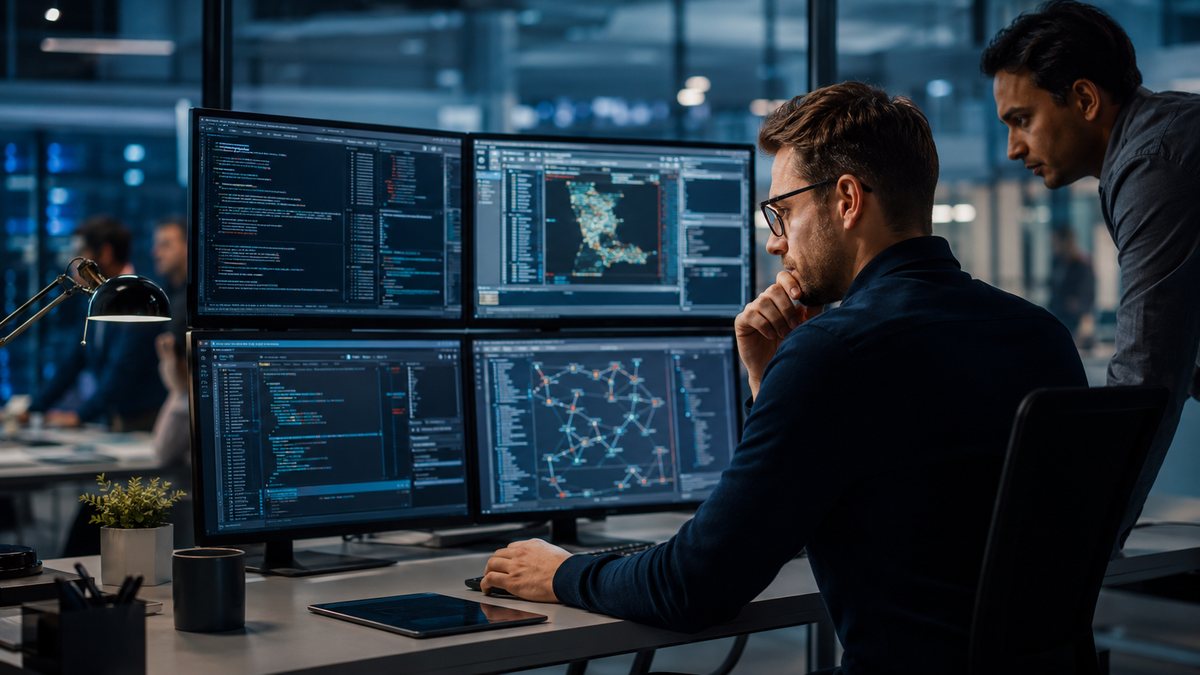 Professional security engineers conducting penetration testing in a modern command center
